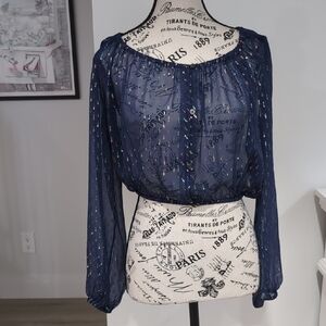 LOVESHACKFANCY | Juniors Navy Metallic Silk Sheer Button Up Cropped Blouse